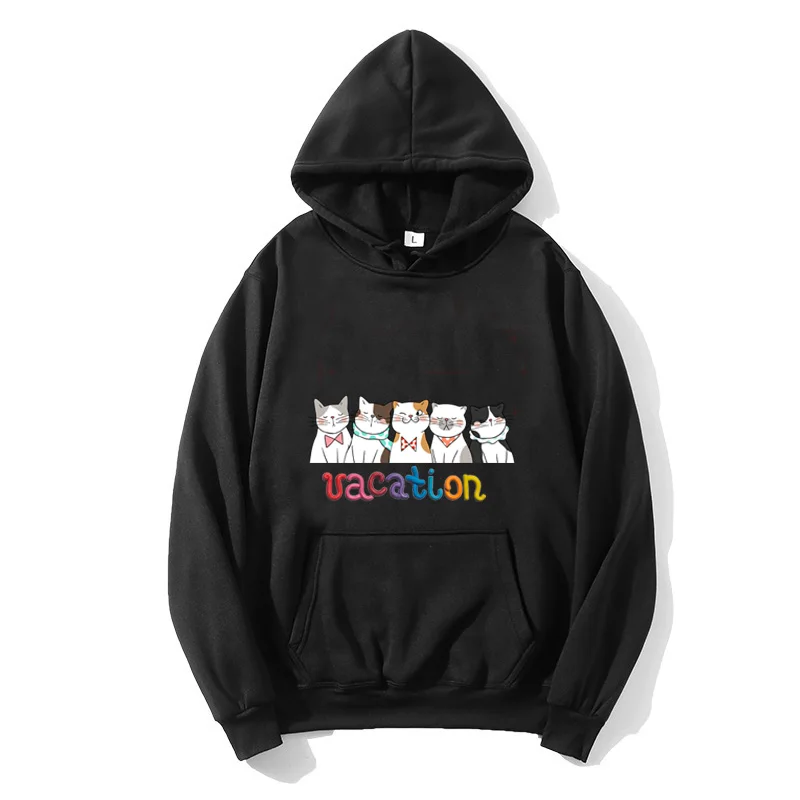 

Men's Loose Hoodie Cat printed Long Sleeve Black Oversized Men's Pullover Sweatshirt