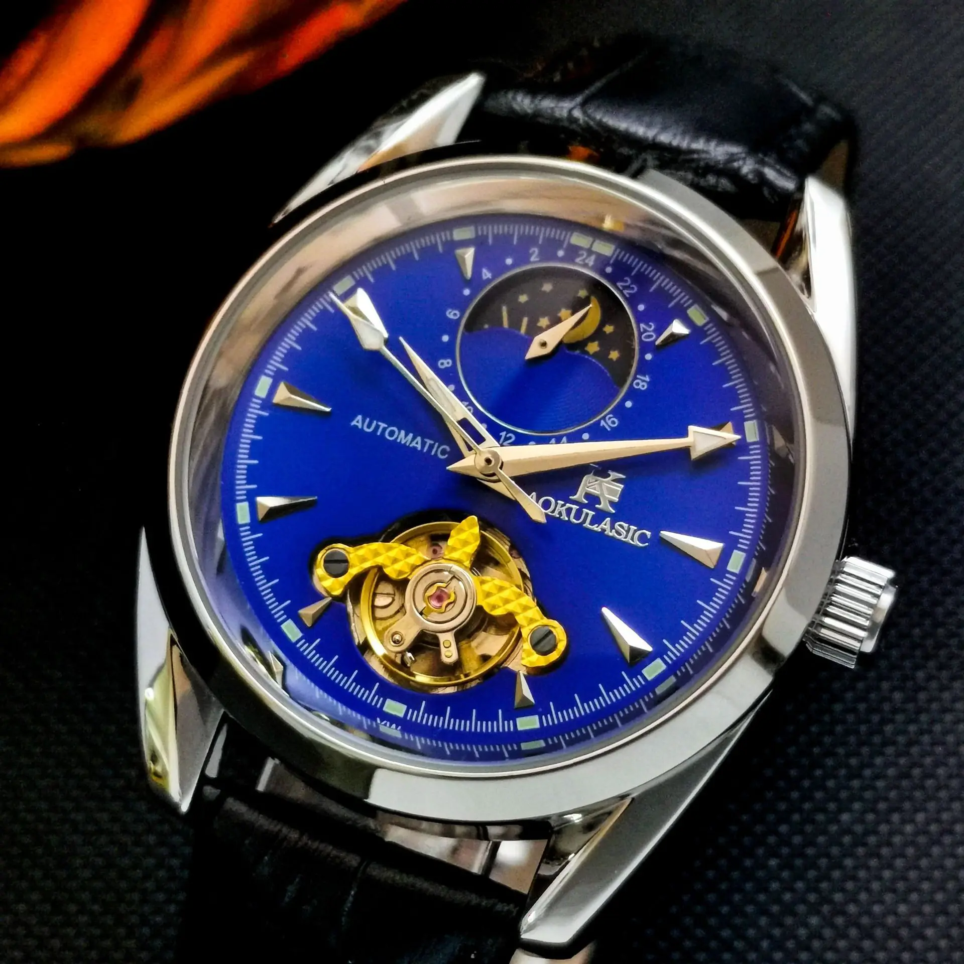 

Часы наручные мужские автоматические, повседневные спортивные брендовые Роскошные модные механические с кожаным ремешком