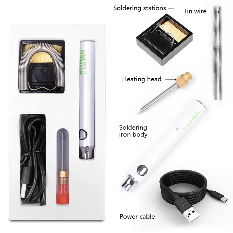 Handskit 5V 8W USB Adjustable Temperature Charging Electric Soldering Iron Kit With Soldering Station Stand Solder Wire Tweezer