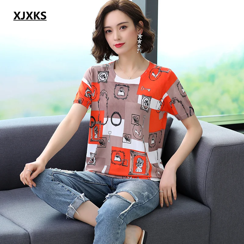

XJXKS 2021 Summer New Women T-shirt Loose Plus Size Round Neck Short Sleeve Top Comfortable Women Printed T-shirt