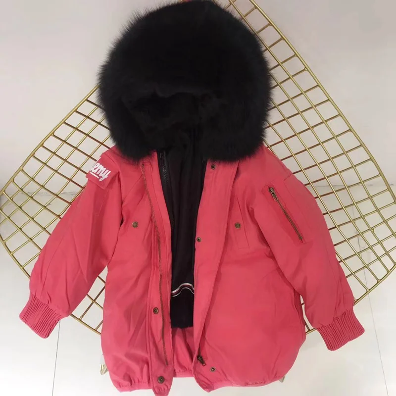 pink black fur Настоящий мех кролика, парки, пальто с капюшоном из лисьего меха, Детская куртка для мальчиков и девочек, ветровка, детская зимняя одежда - Цвет: pink black fur
