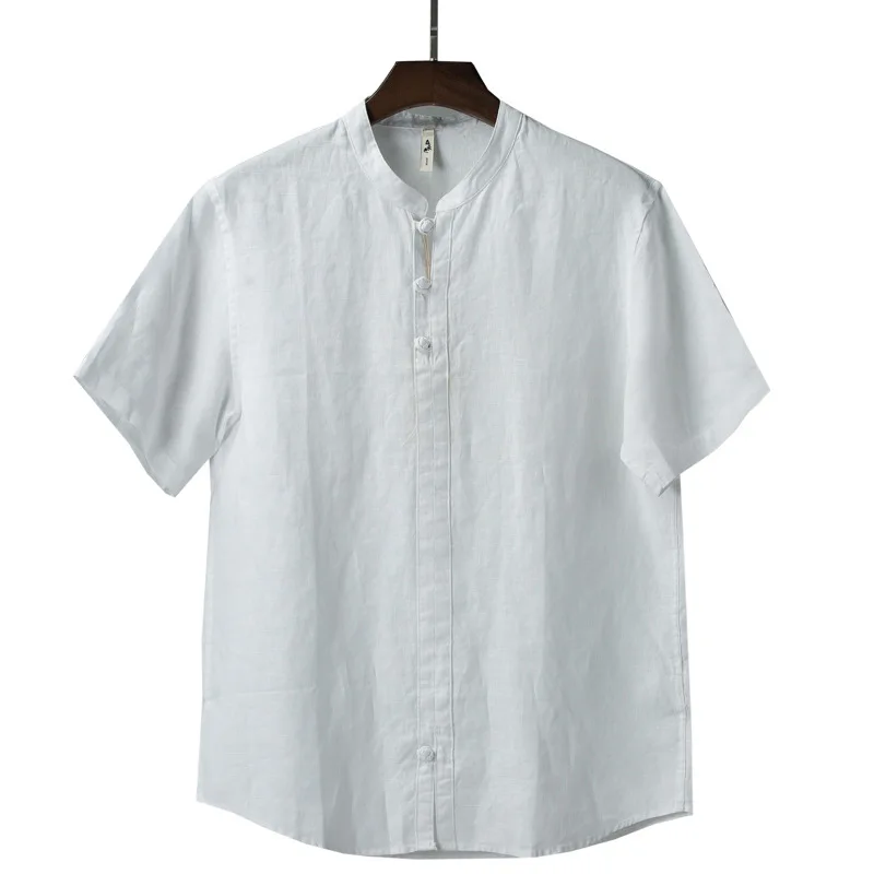 

5598 new men's casual linen stand collar and turnbuckle Chinese style shirt short sleeve Pullover men's wear