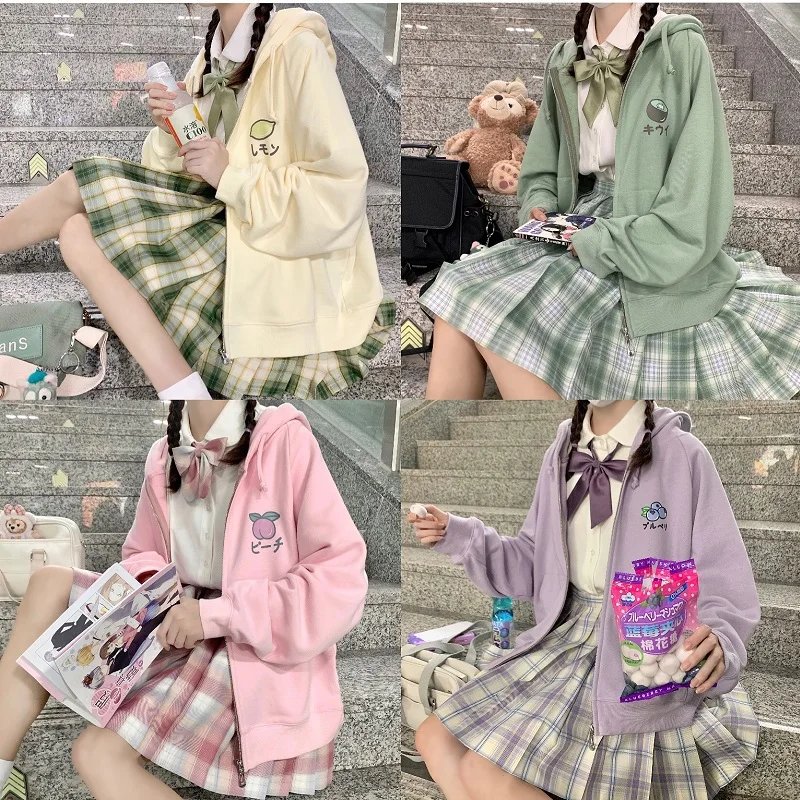 

Японская милая куртка jk с капюшоном ins Harajuku фрукты корейский Свободный Тонкий Топ в стиле преппи кавайная Женская куртка на молнии