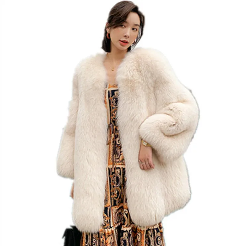 Whole Skin Fox Fur Fashion Jacket Women's Mid-length Long-sleeved Fur Coat 2021 Autumn And Winter New Office Lady O-Neck