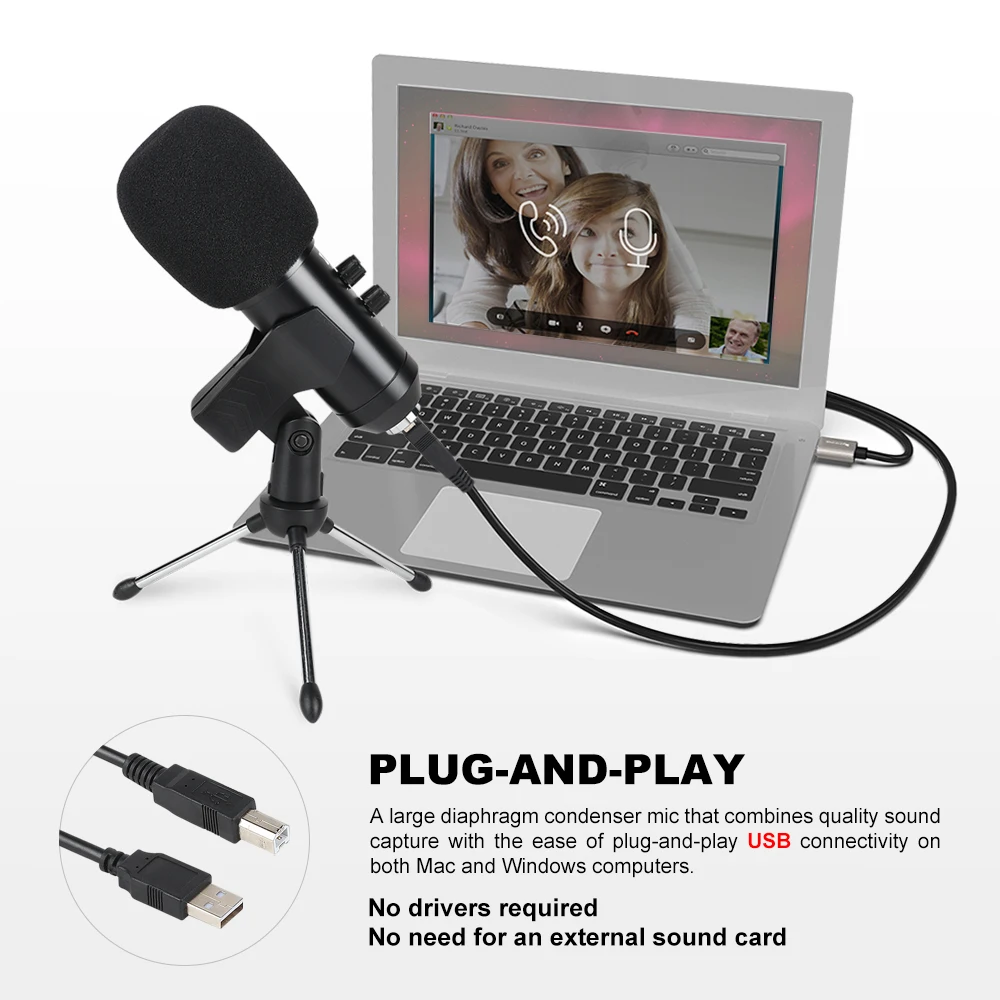 XTUGA USB конденсаторный микрофон для записи MIC Подкаст Встроенный монитор с эхо