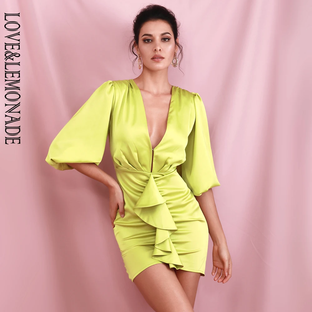 Платье LOVE & LEMONADE ФЛУОРЕСЦЕНТНОЕ зеленое сексуальное с глубоким вырезом