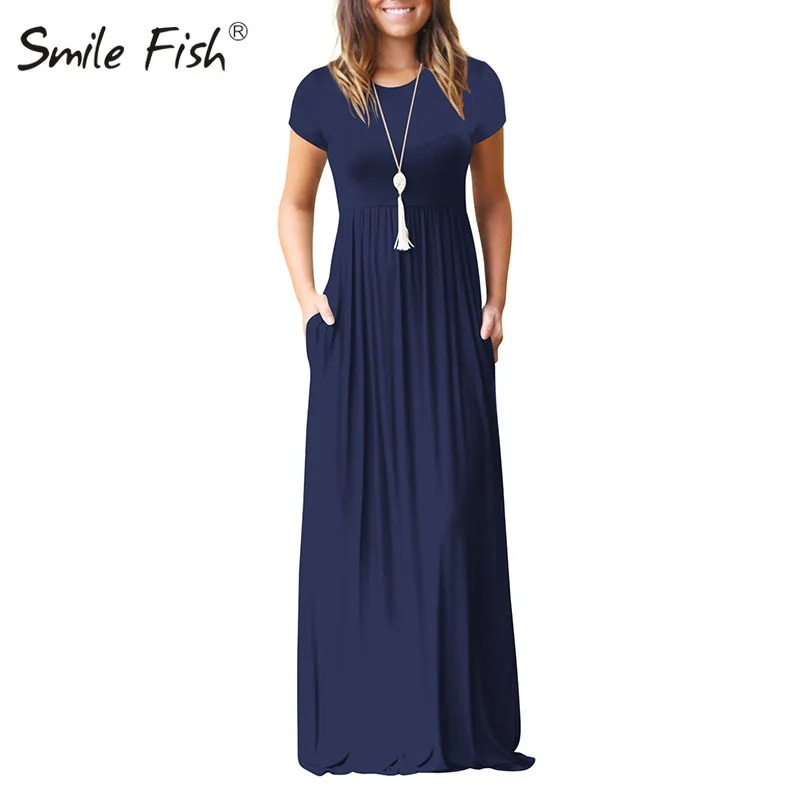 Летнее Длинное Платье Макси новое однотонное повседневное женское платье с