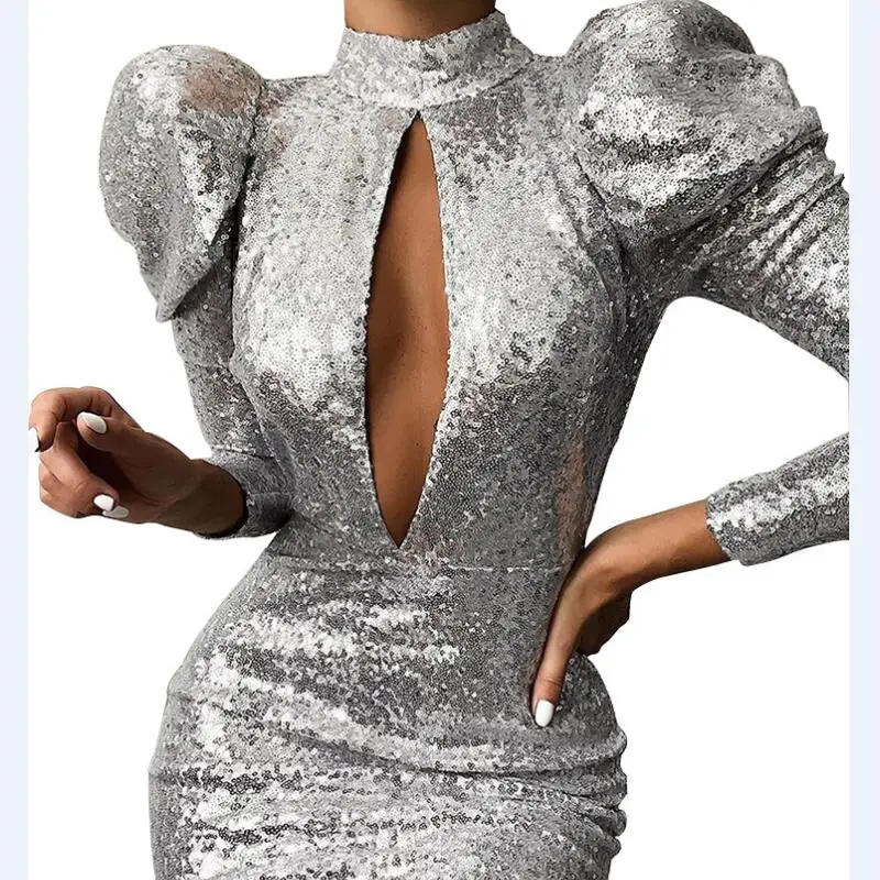 Блестящее Серебряное платье с блестками и воротником стойкой сексуальное