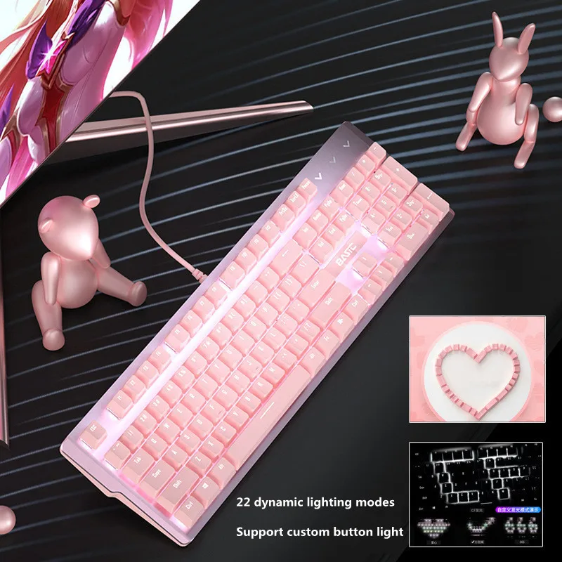 Новая розовая игровая Механическая Проводная клавиатура для девочек, USB-интерфейс с 104 клавишами, белая подсветка, подходит для геймеров, ПК,...