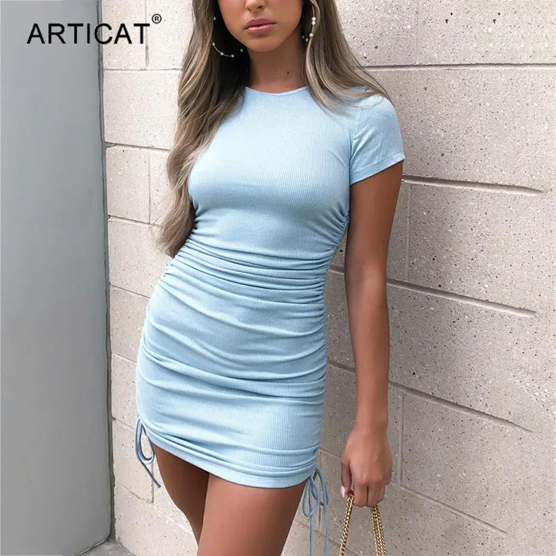 Женское облегающее платье Articat хлопковое с рюшами и завязками коротким рукавом