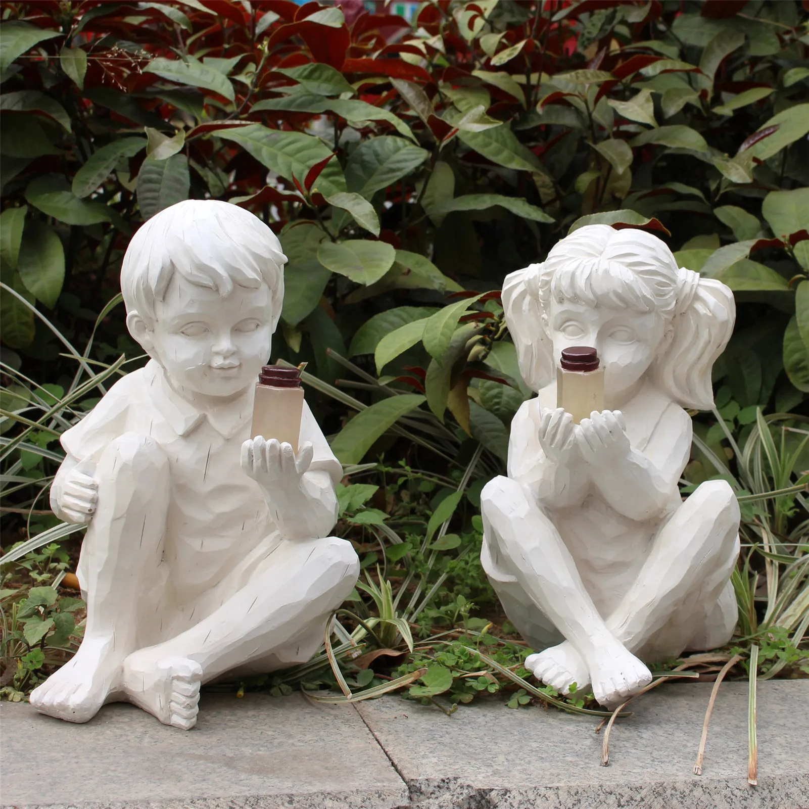 

Boys Girls Statues Resin Art Home Garden Courtyard Decoration Glowing Boy Girl Ornaments Garden Patio Terrace Decoration