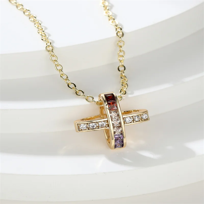 

Exquisite Simple Gold Color Cross Necklace Colorful Crystal Pendant Necklace For Women Couple Luxury Wedding Party Jewelry Gift