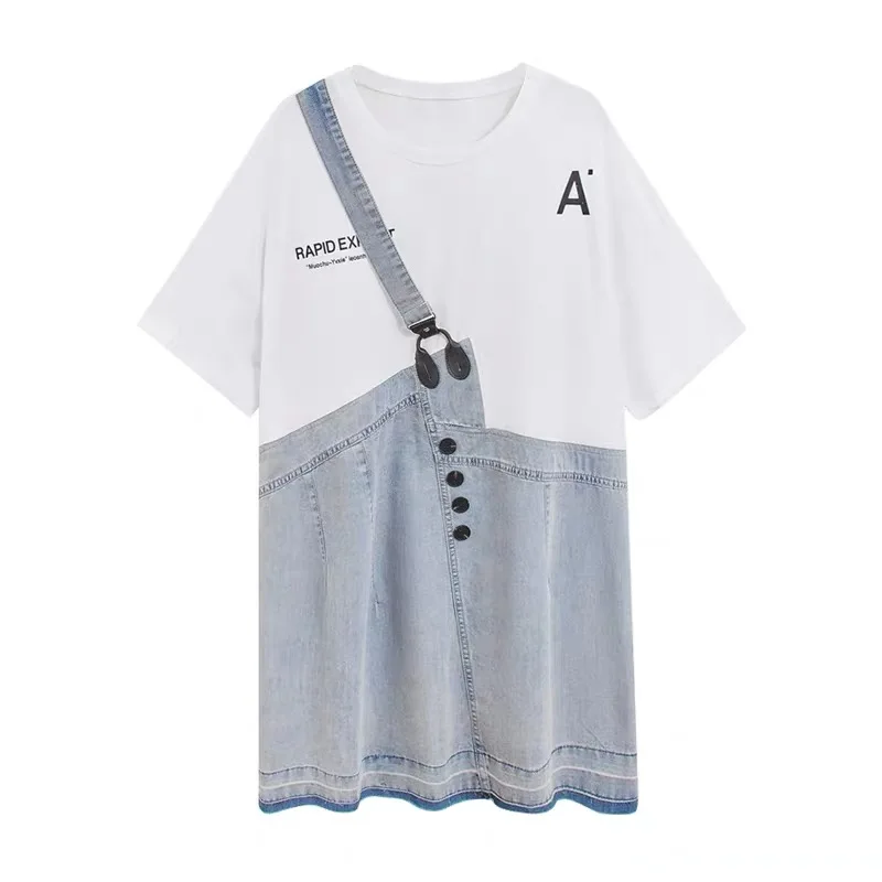 

women fake two piece dress korean fashion letter print denim patchwork high street mini dress