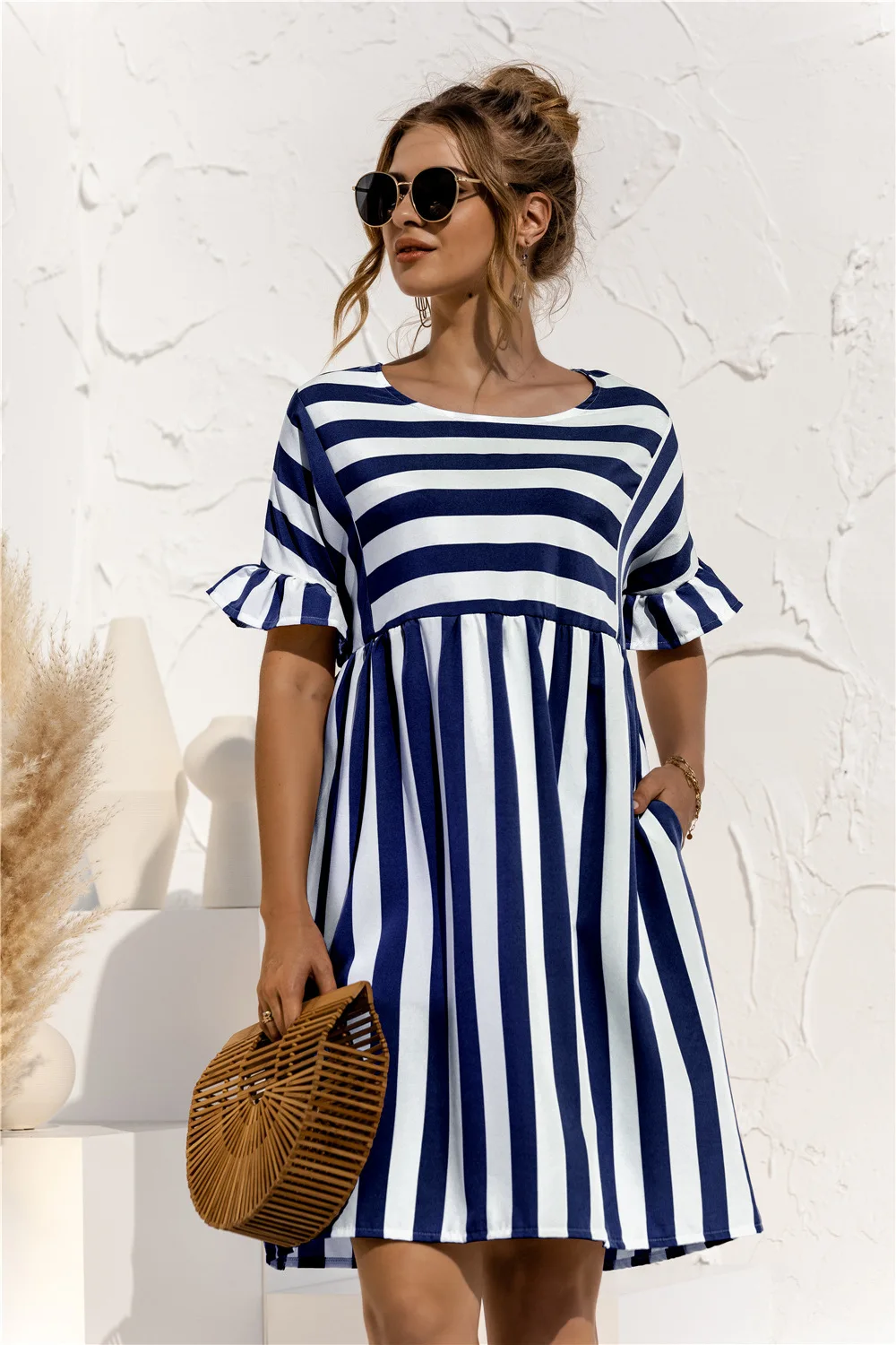 

Women Striped Loose Mini Dress Summer Office Ladies Elegant Ruffle Short Sleeve Striped Print Loose Dress