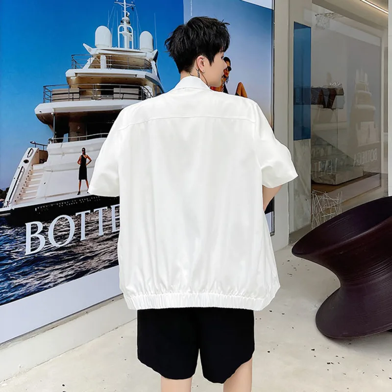 

IEFB 2021 New Summer Elastic Hem Metal Pendant Men's Short Sleeve Suit Jacket Lightweight Thin Black White Noched Collar Blazer