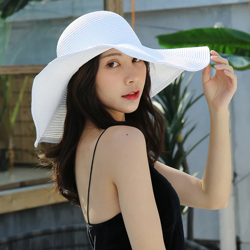 

HT3062 Fashion Big Large Wide Brim Hat Solid Plain Floppy Beach Sun Hat Packable Summer Hats for Women Lady Straw Hat Beach Cap