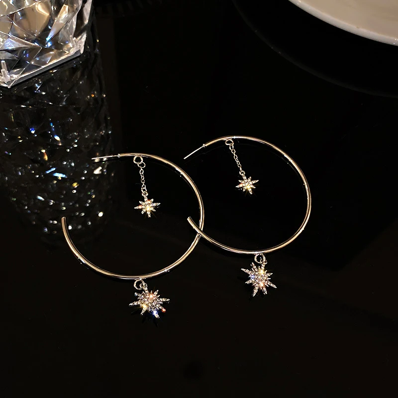 

Trendy Exquisite Round Ring Eight-pointed Star Drop Earrings for Women Girl High Quality Jewelry Bling AAA Zircon S925 Needle