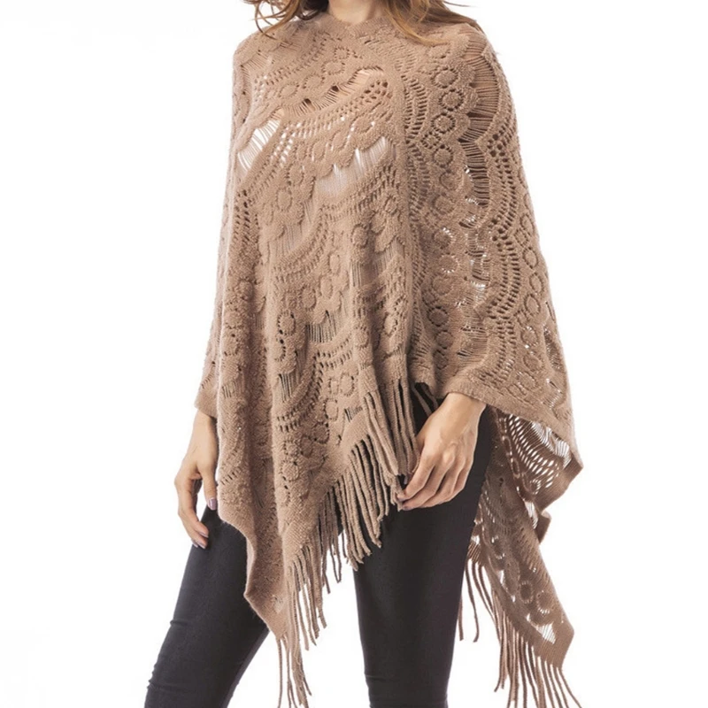 

Women Hollow Out Crochet Batwing Sweater Cape Pullover Knitted Shawl Scarf Solid Color Tassels Asymmetric Poncho Wrap
