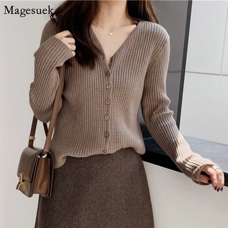 

Зимний однотонный Рождественский вязаный свитер с длинным рукавом и V-образным вырезом, винтажный кардиган на пуговицах, свитер свободного ...