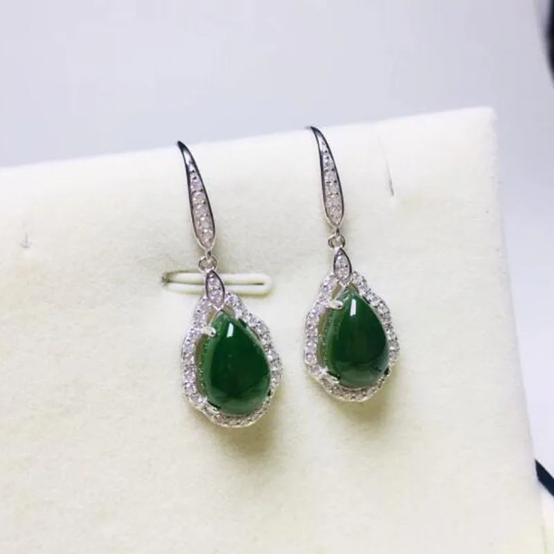 Женские серьги подвески из серебра 925 пробы с зеленым нефритом|Серьги-подвески| |