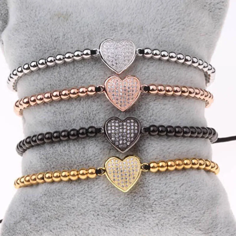 

Hot design 4mm stainless steel beads CZ heart charm bracelet women