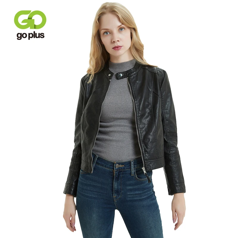 Женская байкерская куртка GOPLUS черная облегающая на молнии с круглым вырезом из