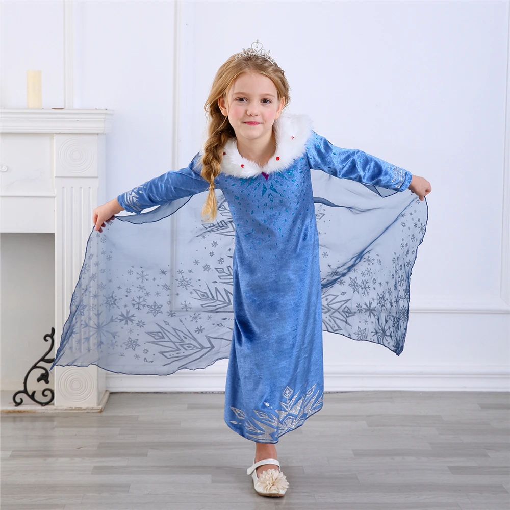 Winter Autumn Birthday Party Elsa Dress for Girls Halloween Snow Queen Snowflake Elza Costume Velve Warm with Long Tail | Детская одежда
