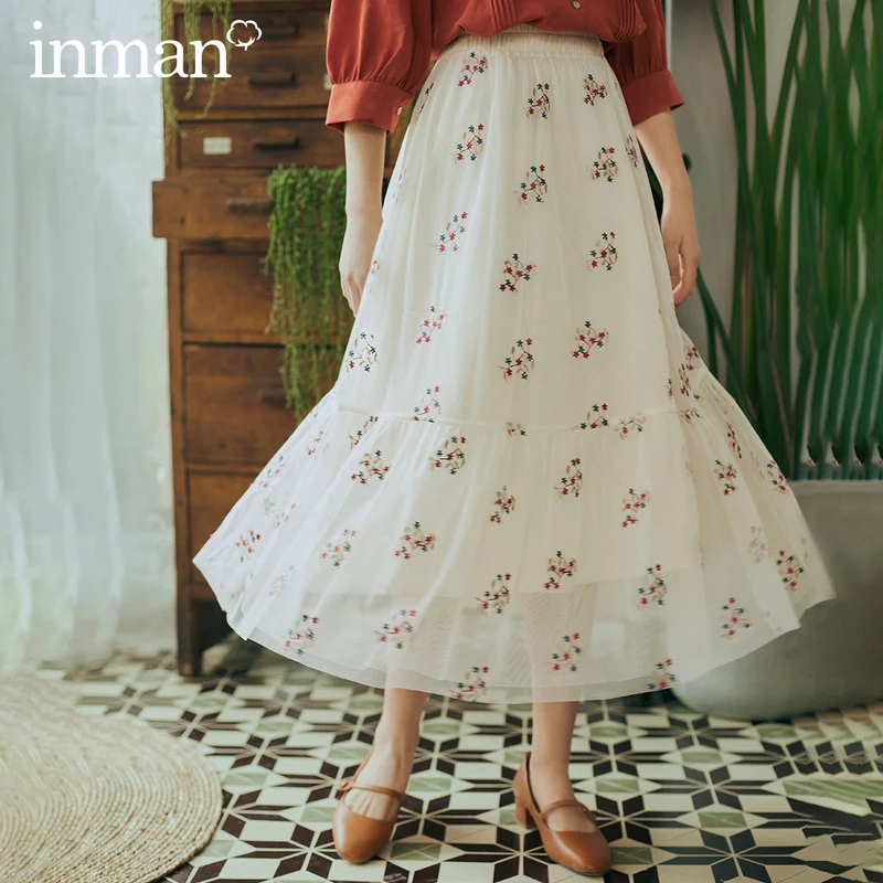 INMAN весенне осенняя изящная юбка трапециевидной формы с цветочным