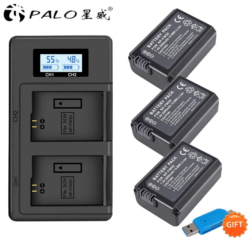 PALO 2000 мА/ч, NP-FW50 NP FW50 NPFW50 Батарея Akku емкостью+ ЖК-дисплей двойной Зарядное устройство для sony Alpha a6500 a6300 a7 7R a7R a7R II a7II NEX-3 NEX-5