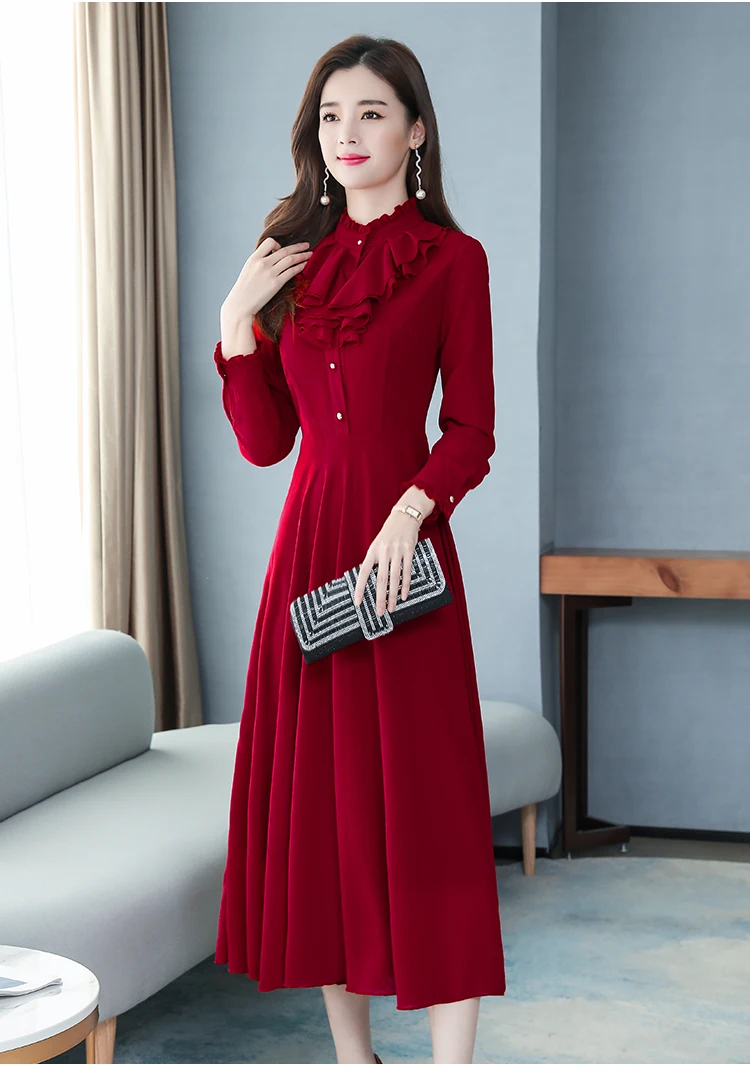 Винтажные однотонные шифоновые женские платья макси, Осень-зима, 3XL размера плюс, платье с длинным рукавом, элегантные женские облегающие вечерние платья