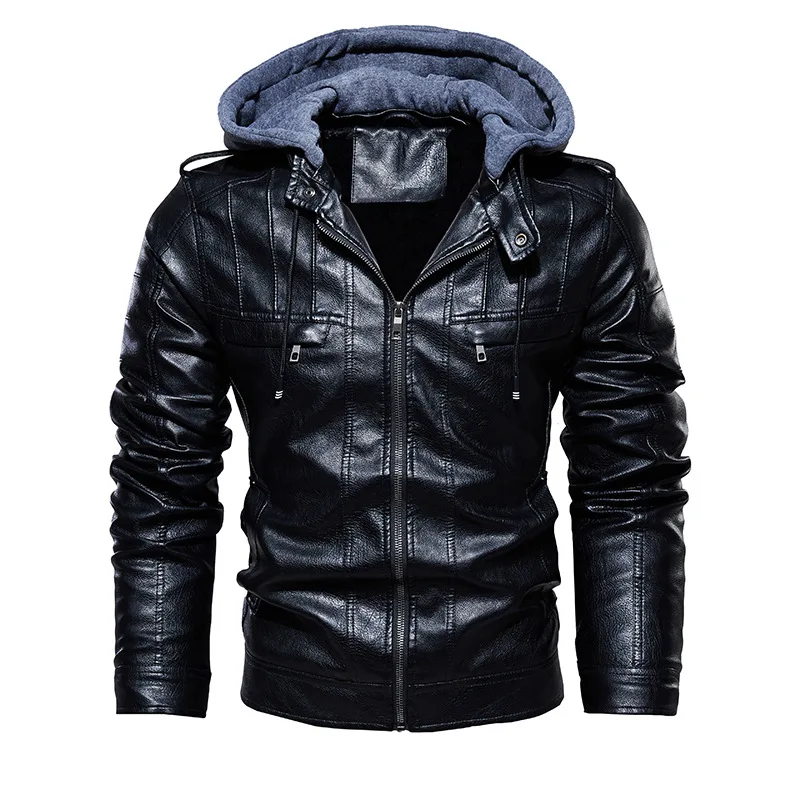 

Мужская куртка из искусственной кожи, мужское пальто с капюшоном, мотоциклетная куртка с меховой подкладкой, модное пальто, осенне-зимнее п...