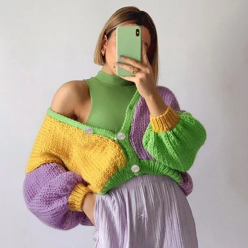 

Женский кардиган контрастных цветов, джемперы, зимние куртки с длинным рукавом, пальто, новая модная уличная одежда на пуговицах, 2021