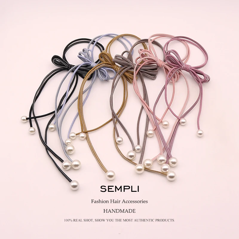 Sempli 6 Colors Nylon Strong Elastic Hair Bands For Women's Pearl Tassel Headwear Girls Kids Accessories Satin Scrunchies |