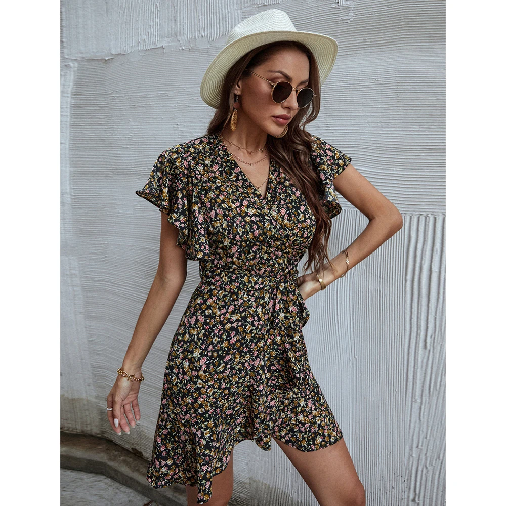 

2021 Summer Fashion Hot Sale New Design Good Quality Factory Price Printed Chiffon Short Sleeve V-Neck Dress Women