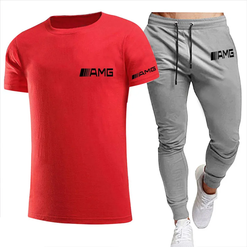 

2021 new shirt sportswear AMG print men's short-sleeved two-piece suit + pants sportswear suit casual sports men's clothing