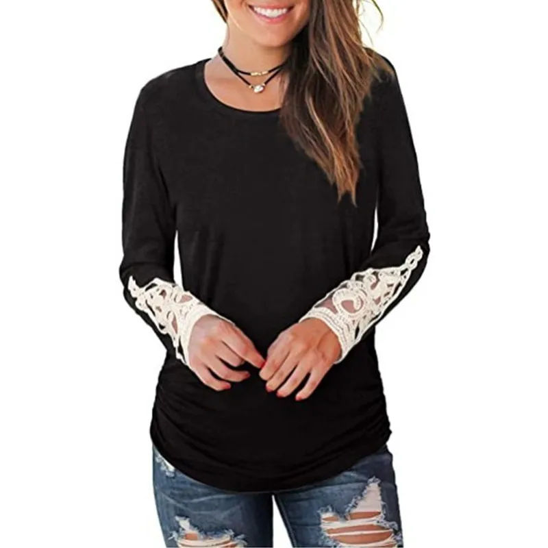

Women's T-Shirt Long Sleeve O-Neck Wrinkle Sweatshirt Lace Stitching Female Autumn Winter Sports Casual Street Clothes Solid