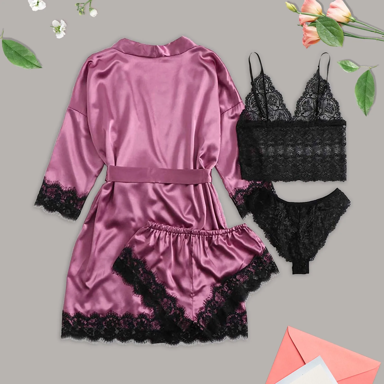 

4-piece Women Home Wear Nightwear Bath Sexy Garter Lingerie Set Robes Lace Bodysuit Deep-v Neck Underwear Home Clothing 2021