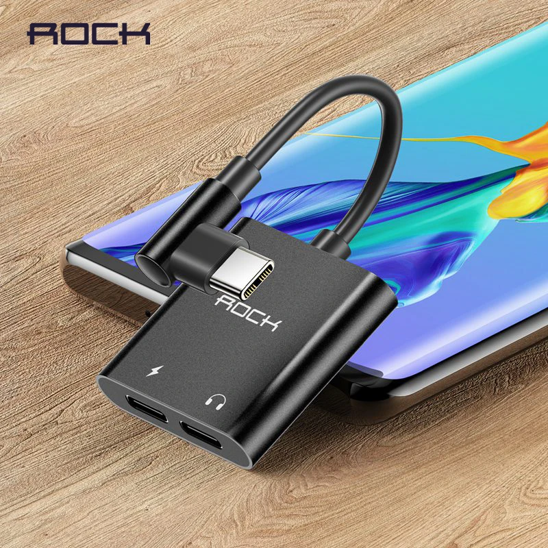 ROCK 2 в 1 двойной разъем type-C адаптер 60 Вт PD 3A Быстрая зарядка USB C наушники Aux разделитель для аудиокабеля конвертер для мобильных телефонов