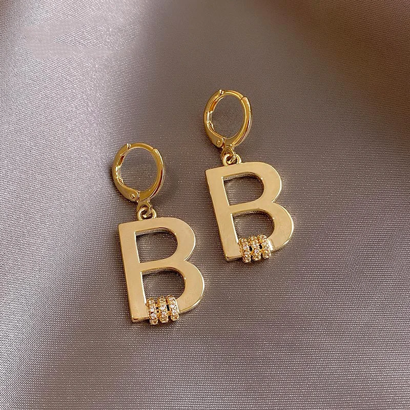 

New Popular Design 14K Real Gold The Letter B Hoop Earrings for Women Charm Jewelry AAA Shiny Zirconia Weddings Party Fine Gift