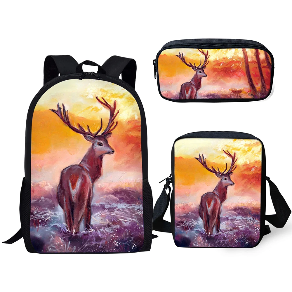 HaoYun 3PCs Set Kids School Backpack Fantasy Deer Pattern School Book Bag Cute Animal Prints Students Backpack/Flaps Bag/Pen Bag