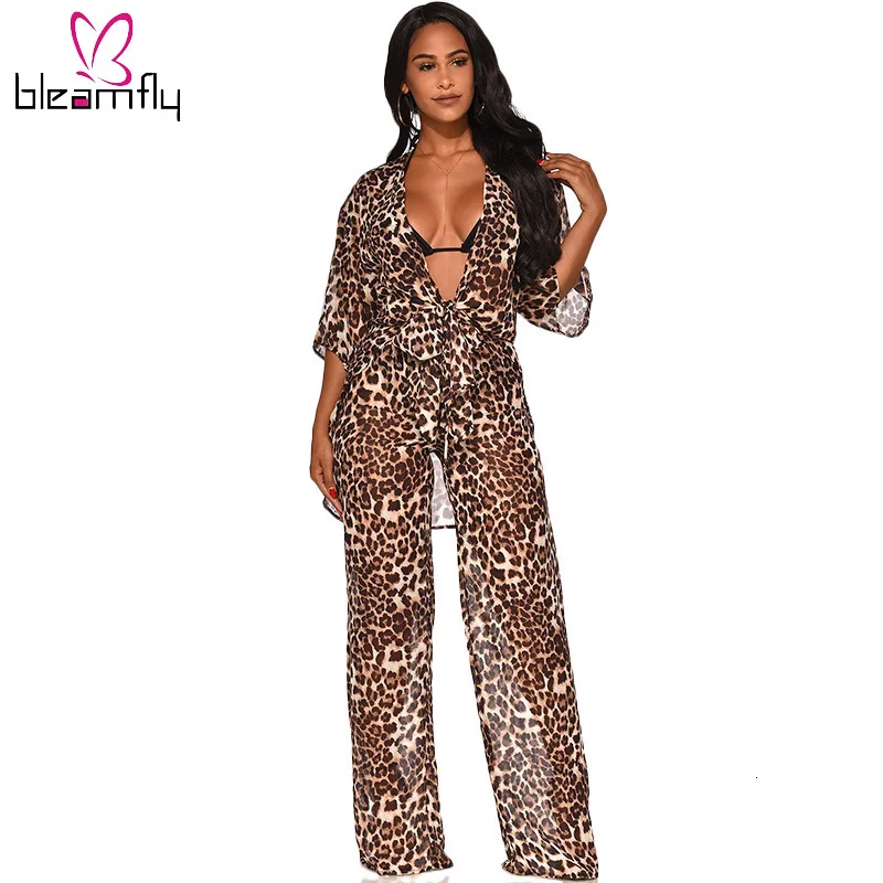 Осень 2019 женский Кардиган с длинным рукавом и леопардовым принтом широкие брюки