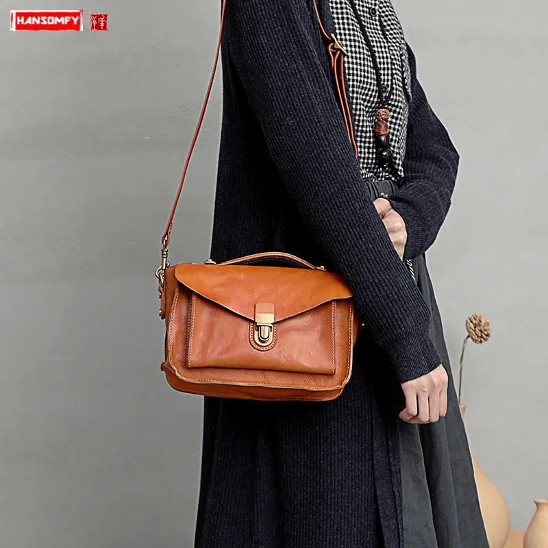 

Literary Retro Handmade Leather Women Handbags 2022 New Fashion Wild Commuter Messenger Bag Shoulder Diagonal Small Square Bags