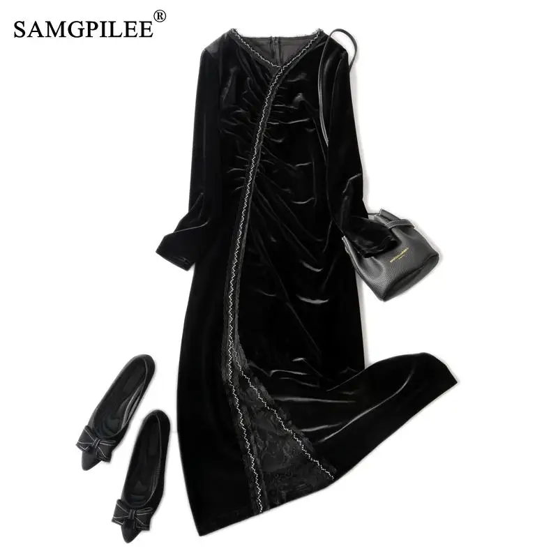 

High Quality Luxury Women Dress Plus Size V-neck Beaded High Waist A Line Long Gold Velvet Temperament Fashion Dresses Winter