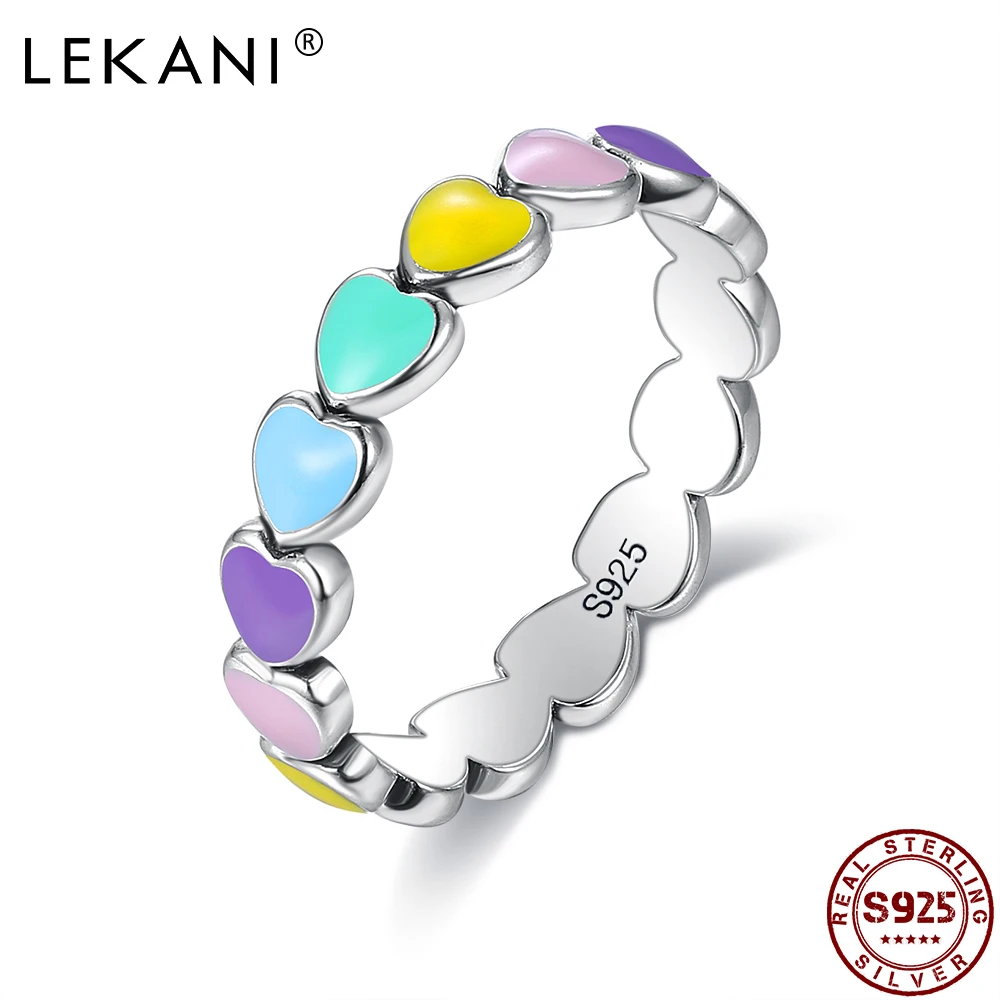 LEKANI Wedding Engagement Ring Sterling Silver 925 Jewelry Stackable Rainbow Heart Finger Rings For Women Romantic Presents