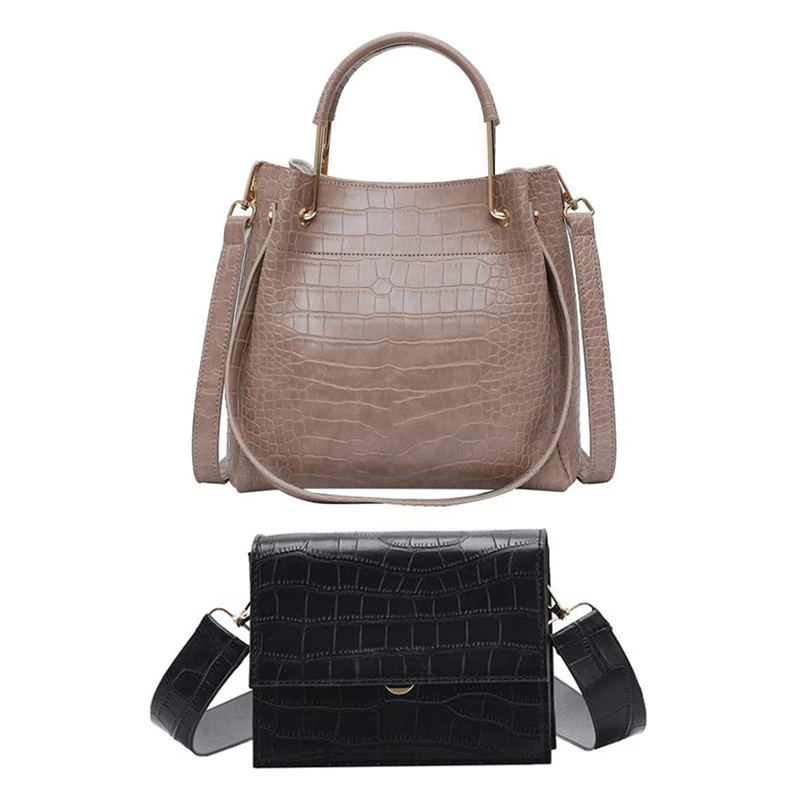 

2 Pcs Stone Pattern PU Leather Crossbody Bags for Women Shoulder Bag Luxury Handbag,Khaki & Black