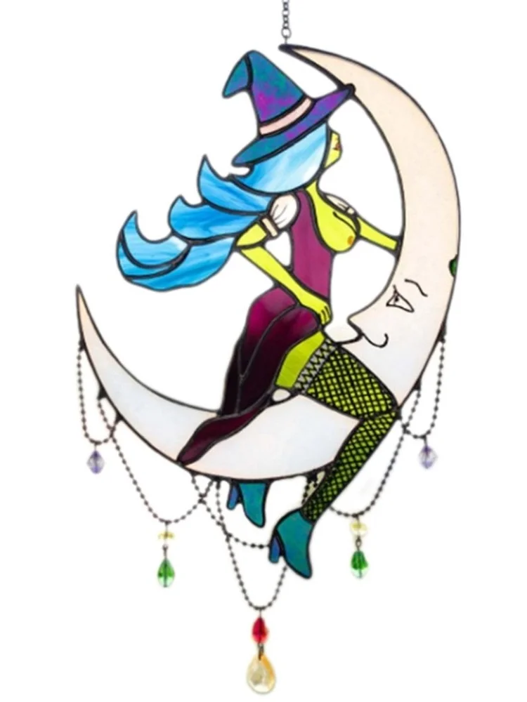 

Halloween Witch On Moon Decor Stained Suncatchers Window Hangings Outdoor Wall Art Home Decoration