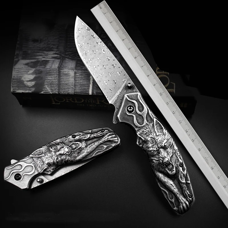 The Wolf totem Perfect Damascus Folding Knife Tactical Survival Knives Hunting Pocket Knife Marked Nostalgia