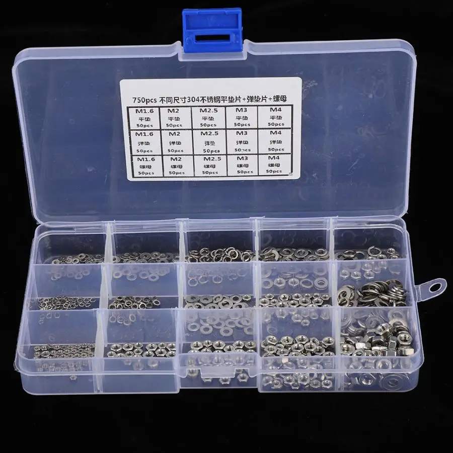 750 шт плоские шайбы + эластичная прокладка гайка набор из нержавеющей стали