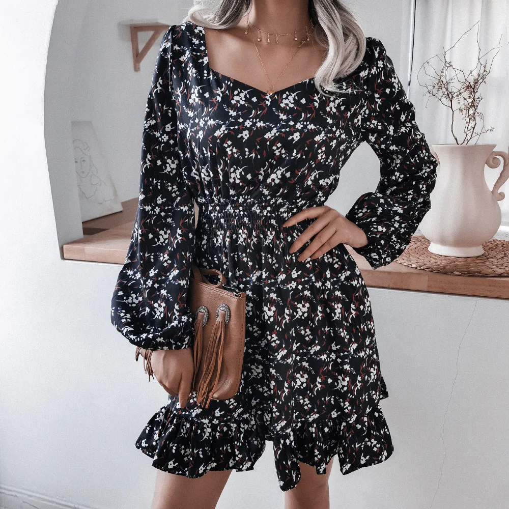 

2021 Spring New Long-sleeved Printed Lotus Leaf Dress Female Casual Square Collar Lantern Sleeve Chiffon Dress Party Vestidos
