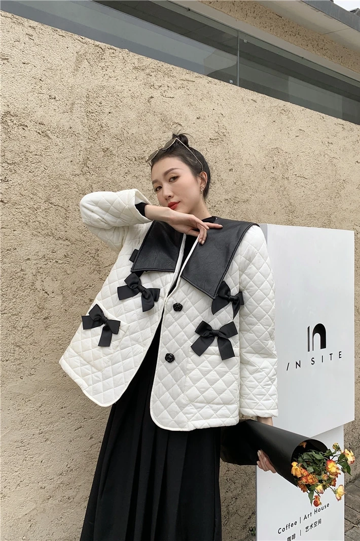 

2021 Autumn and Winter New Leather Lapel Cotton Padded Clothes Women's Casual Bow Tie Loose Parka Sweet Jacket